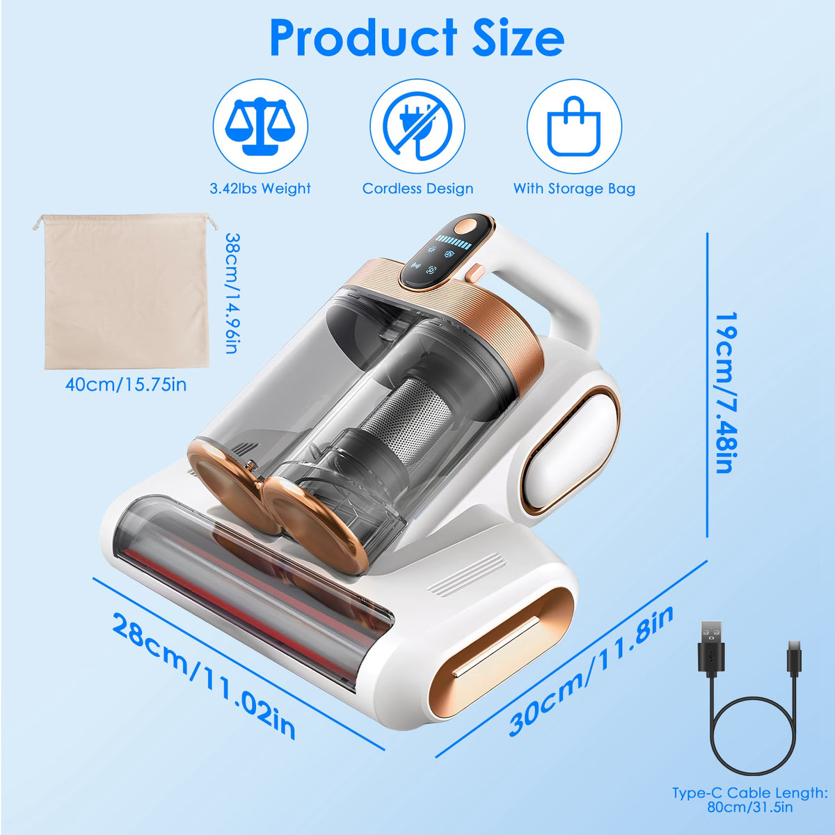 Dual dust cup mattress vacuum cleaner with uvc light for pillows and sofa