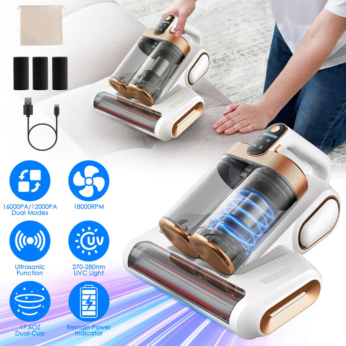mattress vacuum cleaner with uvc light cordless bed cleaner beige