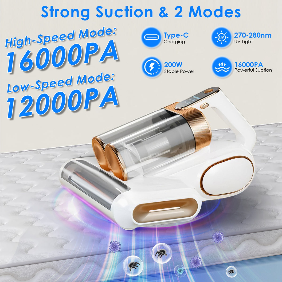 Portable mattress vacuum cleaner with uvc light with storage bag